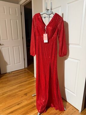 JJs House Red Sequin Long Sleeve V-Neck Gown